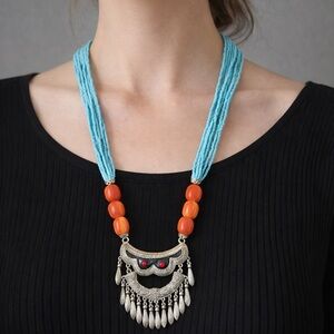 Turquoise-Tone Beaded Statement Necklace with Coral-Tone Beads & Pendant